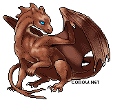 A small brown dragon resting on its haunches, with wings half-unfurled. It has a calm expression.