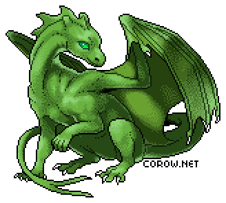 A larger image of a small green dragon resting on its haunches, with wings half-unfurled. It has a calm expression.