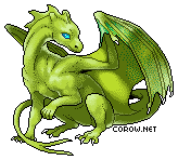 A small green dragon resting on its haunches, with wings half-unfurled. It has a calm expression.