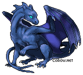 A larger image of a small blue dragon resting on its haunches, with wings half-unfurled. It has a calm expression.