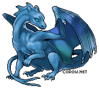 A larger image of a small blue dragon resting on its haunches, with wings half-unfurled. It has a calm expression.