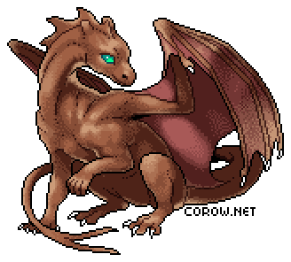 A larger image of a small brown dragon resting on its haunches, with wings half-unfurled. It has a calm expression.