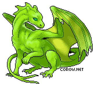 A larger image of a small green dragon resting on its haunches, with wings half-unfurled. It has a calm expression.