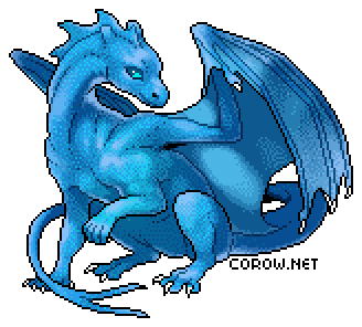 A larger image of a small blue dragon resting on its haunches, with wings half-unfurled. It has a calm expression.