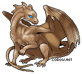 A small brown dragon resting on its haunches, with wings half-unfurled. It has a calm expression.