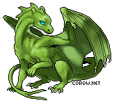 A small green dragon resting on its haunches, with wings half-unfurled. It has a calm expression.