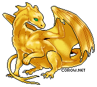 A larger image of a small gold dragon resting on its haunches, with wings half-unfurled. It has a calm expression.