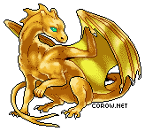 A small gold dragon resting on its haunches, with wings half-unfurled. It has a calm expression.
