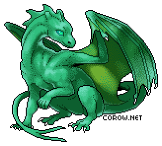 A larger image of a small green dragon resting on its haunches, with wings half-unfurled. It has a calm expression.