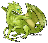 A small green dragon resting on its haunches, with wings half-unfurled. It has a calm expression.