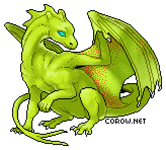 A larger image of a small green dragon resting on its haunches, with wings half-unfurled. It has a calm expression.