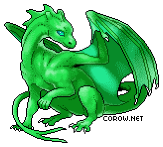 A larger image of a small green dragon resting on its haunches, with wings half-unfurled. It has a calm expression.