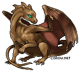 A small brown dragon resting on its haunches, with wings half-unfurled. It has a calm expression.