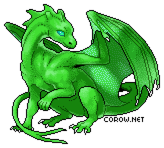 A larger image of a small green dragon resting on its haunches, with wings half-unfurled. It has a calm expression.