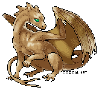 A larger image of a small brown dragon resting on its haunches, with wings half-unfurled. It has a calm expression.