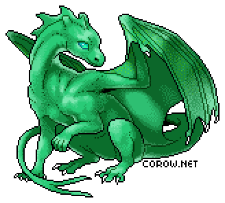 A larger image of a small green dragon resting on its haunches, with wings half-unfurled. It has a calm expression.