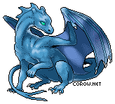 A small blue dragon resting on its haunches, with wings half-unfurled. It has a calm expression.