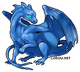 A small blue dragon resting on its haunches, with wings half-unfurled. It has a calm expression.