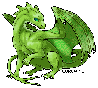 A larger image of a small green dragon resting on its haunches, with wings half-unfurled. It has a calm expression.