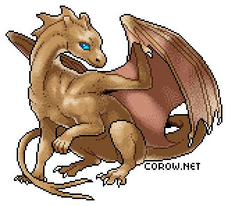 A larger image of a small brown dragon resting on its haunches, with wings half-unfurled. It has a calm expression.