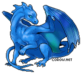 A small blue dragon resting on its haunches, with wings half-unfurled. It has a calm expression.