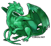 A small green dragon resting on its haunches, with wings half-unfurled. It has a calm expression.