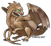 A small brown dragon resting on its haunches, with wings half-unfurled. It has a calm expression.