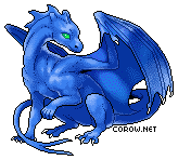 A small blue dragon resting on its haunches, with wings half-unfurled. It has a calm expression.