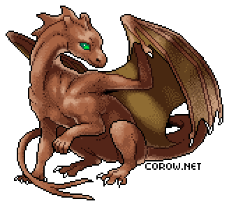 A larger image of a small brown dragon resting on its haunches, with wings half-unfurled. It has a calm expression.