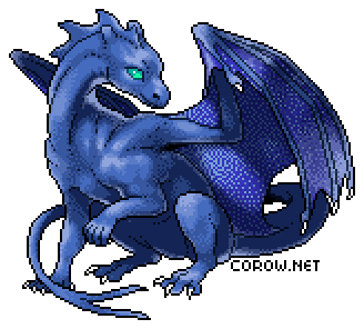 A larger image of a small blue dragon resting on its haunches, with wings half-unfurled. It has a calm expression.
