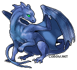 A larger image of a small blue dragon resting on its haunches, with wings half-unfurled. It has a calm expression.