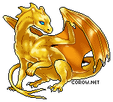 A small gold dragon resting on its haunches, with wings half-unfurled. It has a calm expression.