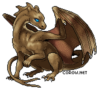 A larger image of a small brown dragon resting on its haunches, with wings half-unfurled. It has a calm expression.
