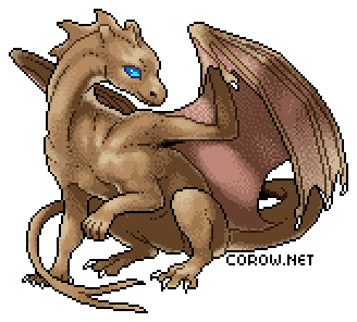 A larger image of a small brown dragon resting on its haunches, with wings half-unfurled. It has a calm expression.