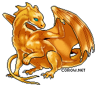 A larger image of a small gold dragon resting on its haunches, with wings half-unfurled. It has a calm expression.