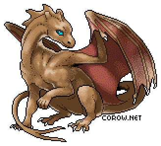 A larger image of a small brown dragon resting on its haunches, with wings half-unfurled. It has a calm expression.