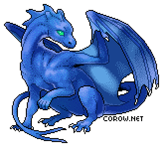 A larger image of a small blue dragon resting on its haunches, with wings half-unfurled. It has a calm expression.