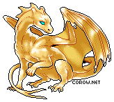 A small gold dragon resting on its haunches, with wings half-unfurled. It has a calm expression.
