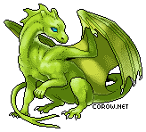 A small green dragon resting on its haunches, with wings half-unfurled. It has a calm expression.