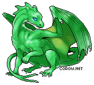 A larger image of a small green dragon resting on its haunches, with wings half-unfurled. It has a calm expression.