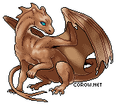A small brown dragon resting on its haunches, with wings half-unfurled. It has a calm expression.