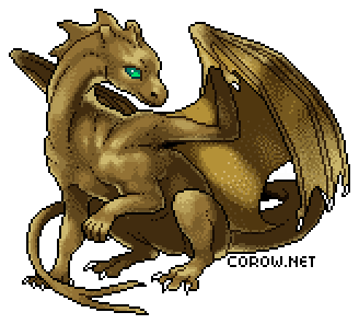 A larger image of a small brown dragon resting on its haunches, with wings half-unfurled. It has a calm expression.