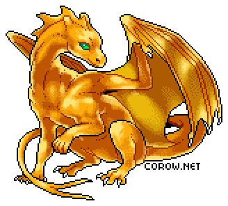A larger image of a small gold dragon resting on its haunches, with wings half-unfurled. It has a calm expression.