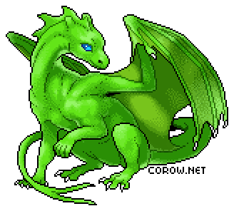 A larger image of a small green dragon resting on its haunches, with wings half-unfurled. It has a calm expression.