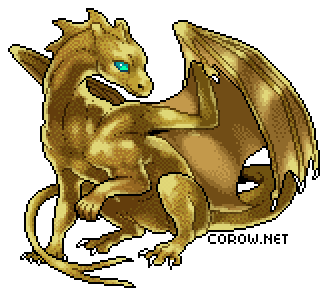 A larger image of a small bronze dragon resting on its haunches, with wings half-unfurled. It has a calm expression.