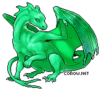 A larger image of a small green dragon resting on its haunches, with wings half-unfurled. It has a calm expression.