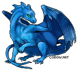 A larger image of a small blue dragon resting on its haunches, with wings half-unfurled. It has a calm expression.