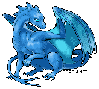 A larger image of a small blue dragon resting on its haunches, with wings half-unfurled. It has a calm expression.