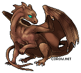 A small brown dragon resting on its haunches, with wings half-unfurled. It has a calm expression.