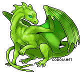 A small green dragon resting on its haunches, with wings half-unfurled. It has a calm expression.